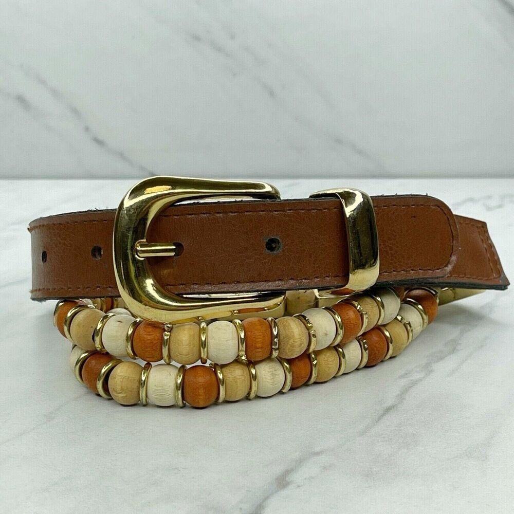 Vintage Wood Beaded Faux Leather Belt Made in Taiwan Small (S) ✨
